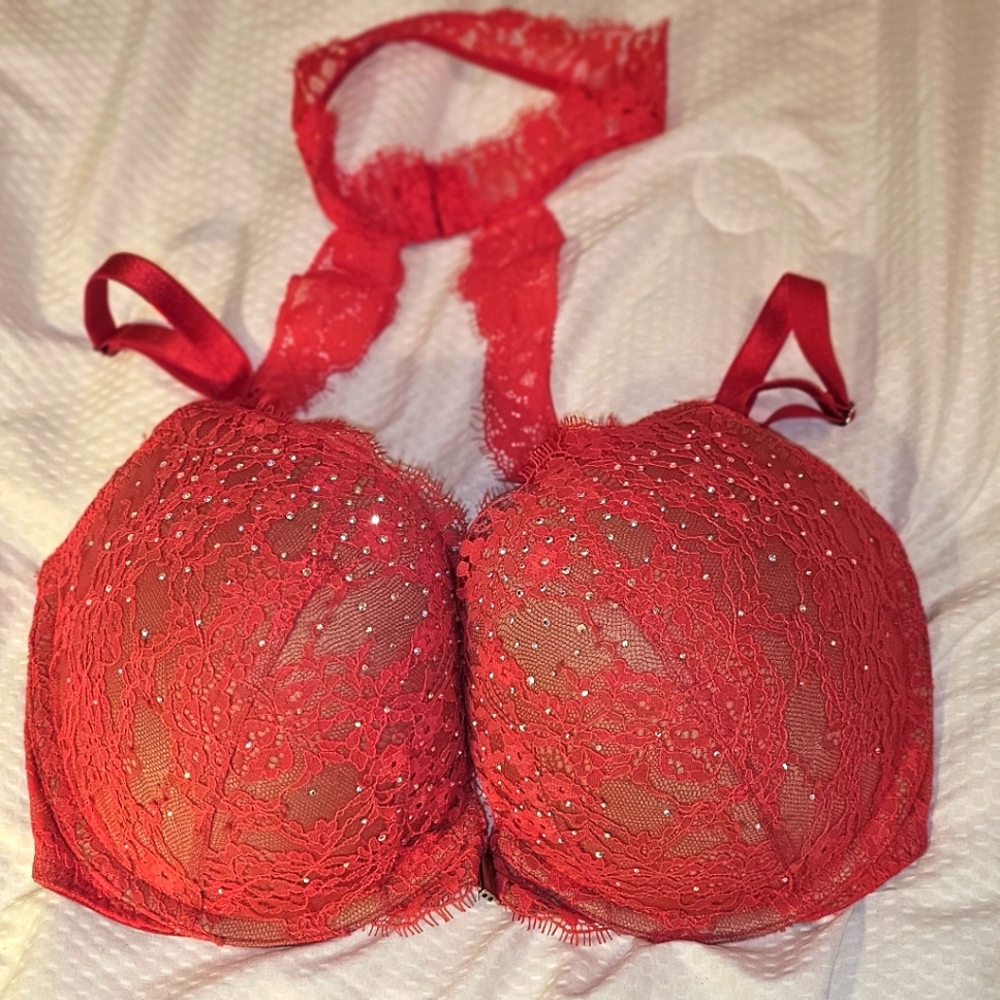 Victoriaβs Secret Very Sexy Push Up Black 34DDD Red Rhinestones